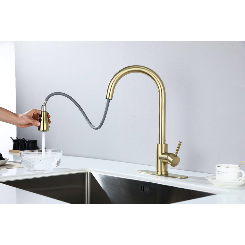Brushed Gold Stainless Steel Kitchen Faucet With Pull Out Spray, 360 Rotating Nozzle, Corrosion & Rust Attribute
