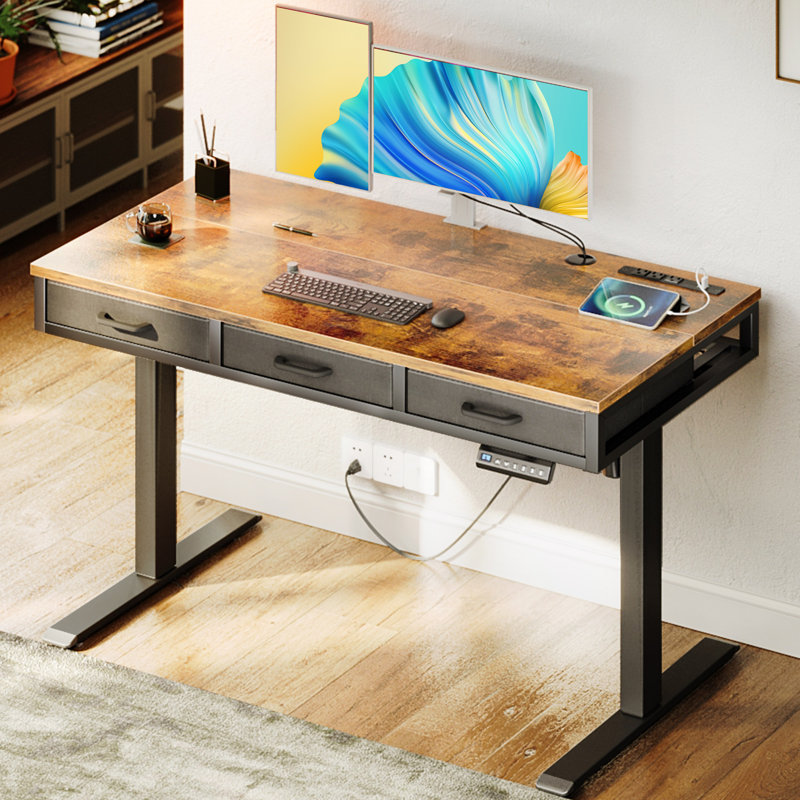 Electric Standing Desk With 3-tier Spacious Fabric Drawers, Height Adjustable Desk With Recessed Power Outlets, Sit Stand Table With Hidden Cable Management Tray
