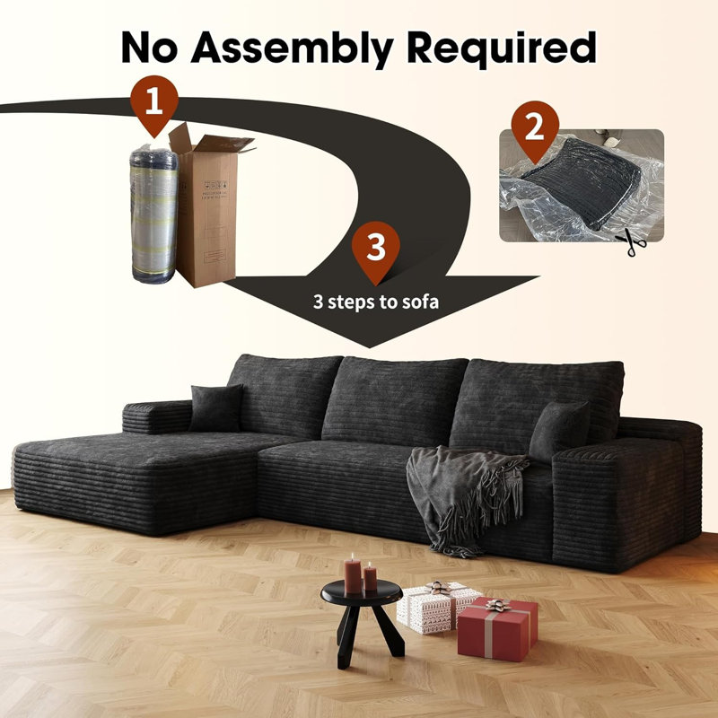 Boneless 108" W Corduroy Sectional Boneless Cloud Couch with Chaise, No Assembly Required, L Shaped Modular Sectional Sofa, Oversized Cozy Fluffy Sofa for Living Room , Left Facing Chaise)
