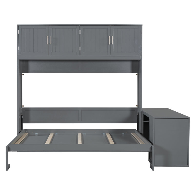 Grand lit escamotable mural avec bureau, tablettes de rangement et grandes armoires, Gris