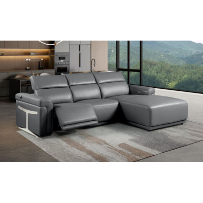 Canapé modulaire 3 pièces en forme de L gris foncé en cuir italien de première qualité avec 1 fauteuil inclinable électrique et appuis-tête réglables gris foncé