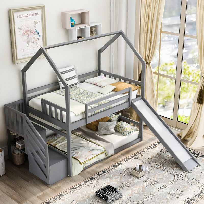 House Bunk Bed With Convertible Slide, Storage Staircase Can Be Placed Left Or Right, Grey