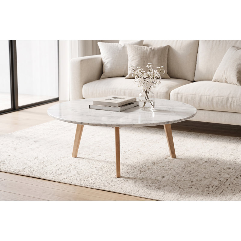 Table basse 31 "en marbre de Carrare italien avec pieds en chêne Andrea, Blanc / beige