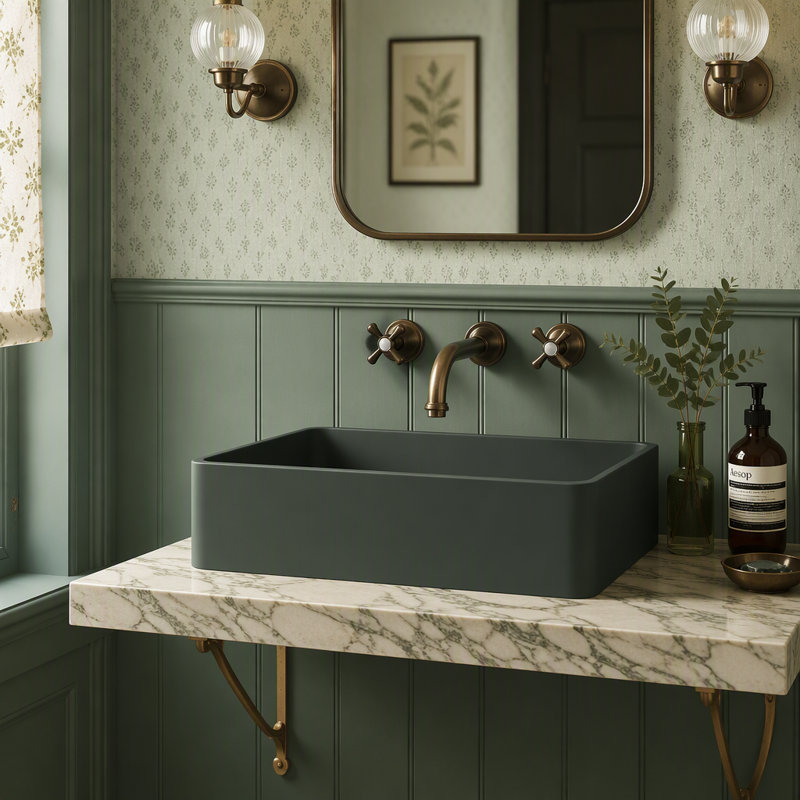19.68'' Concrete Vessel Rectangular Modern Dark Green Bathroom Sink