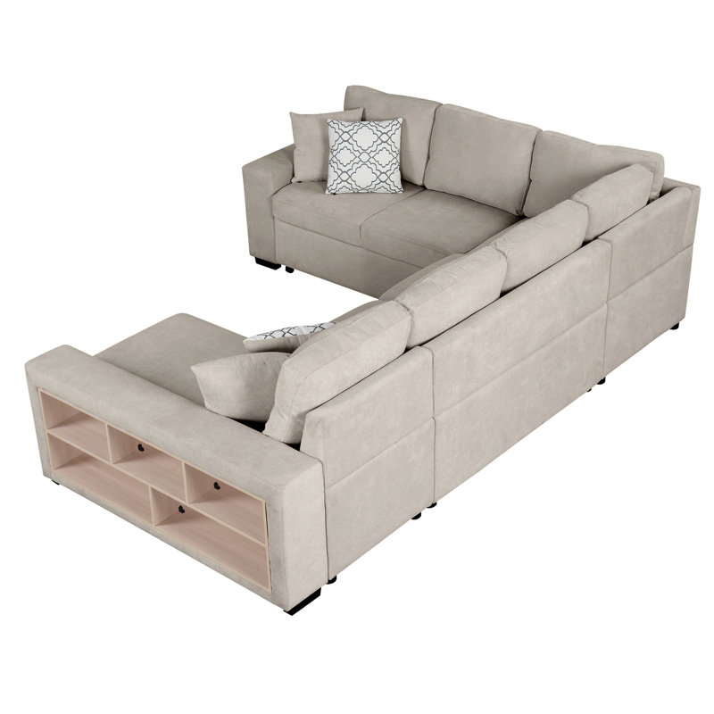 109" U-Shaped Sectional Sofa Pull-Out Sofa Bed With Two Usb Ports, A Storage Chaise Lounge And Four Back Pillows For Living Room