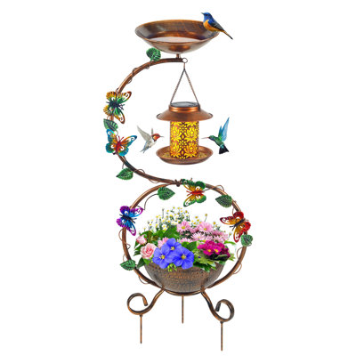 Bain d'oiseaux en métal avec piédestal de jardinière et mangeoires d'oiseaux solaires pour l'extérieur