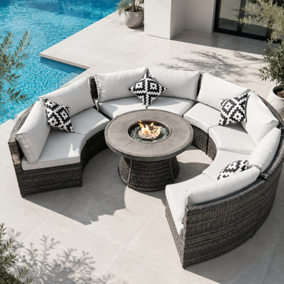 Apphi 8 - Person Outdoor Steel Wicker Fire Pit Conversation Set - Gray