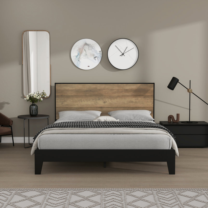 Allyannah Levison Platform Bed With Headboard, Queen, Black/Knotty Oak