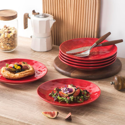 Ceramic Dessert Salad Plates, 8 Inch, Microwave, Oven, And Dishwasher Safe, Round, Porcelain Fluted Suitable For Snacks, Appetizer, Home, Party, Restaurant - Set Of 6 Red