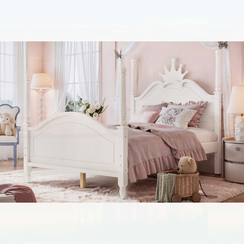 Lit plateforme double pleine grandeur avec tête de lit courbée élégante et cadre à quatre colonnes, beige