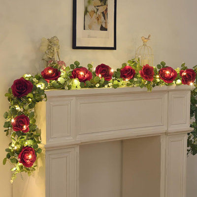 6.5FT Artificial Eucalyptus Garland with Flowers, Burgundy Rose Vine Flower Garland with String Lights, Silk Burgundy Rose Garland Faux Floral Garland for Table, Wedding, Bedroom, Party, Wall Decor