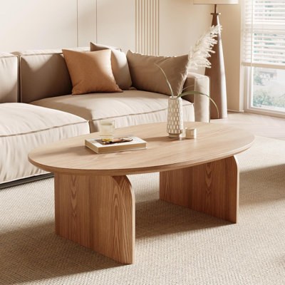 Modern Oval Coffee Table, Small Coffee Table For The Living Room - Oak Tabletop With Solid Wood Legs, Wooden Coffee Table, Easy To Assemble, Suitable For Living Room, Bedroom, Office, Natural Color.