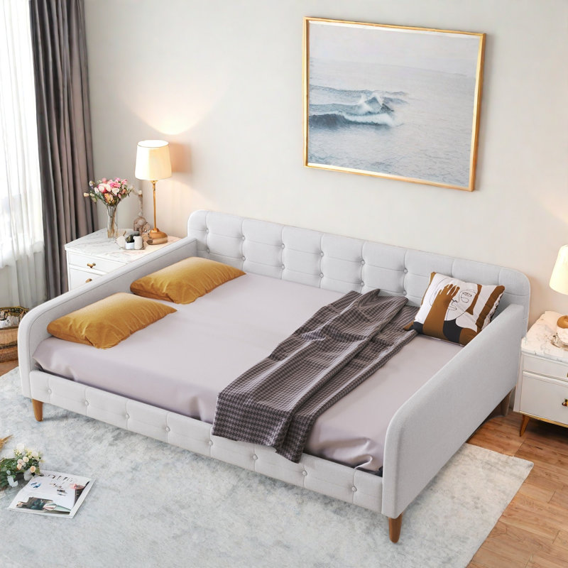 Modern Upholstered Daybed With 4 Support Legs And Button Tufted Design, Full/Double, White