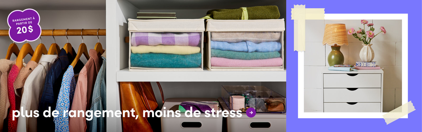 Plus de rangement, moins de stress - penderie organisée avec vêtements suspendus, boîtes de rangement avec serviettes pliées et un organisateur de bureau blanc avec lampe. Rangement à partir de 20 $.