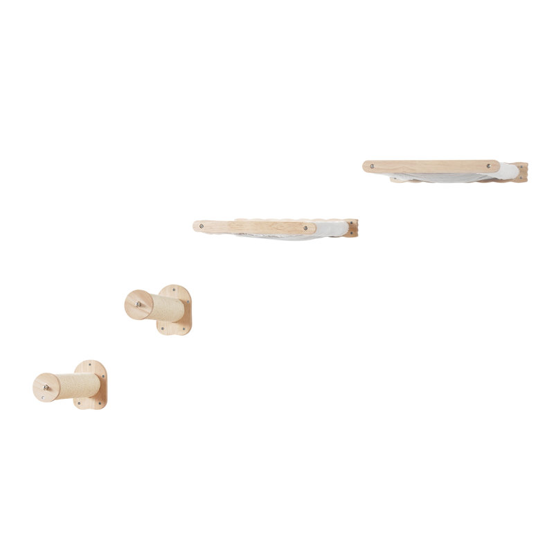 Tablettes murales pour chat, 2 poteaux de saut et hamacs, capacité de charge de 40 lb, bois d'hévéa naturel, idéal pour le divertissement et le jeu, installation rapide