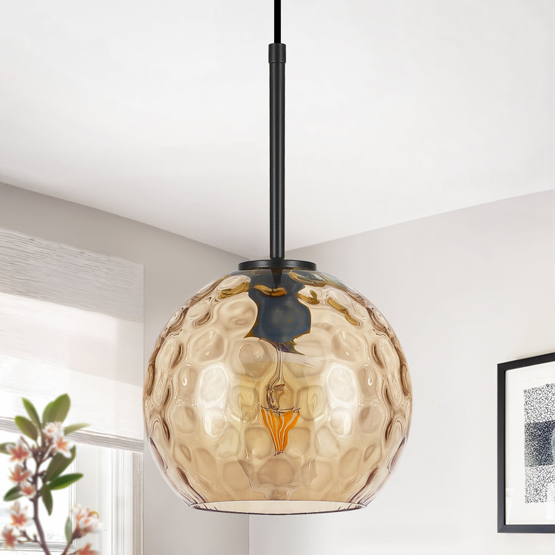 1-Light Kitchen Island Pendant with Clear Hammered Glass Shade, Yellow