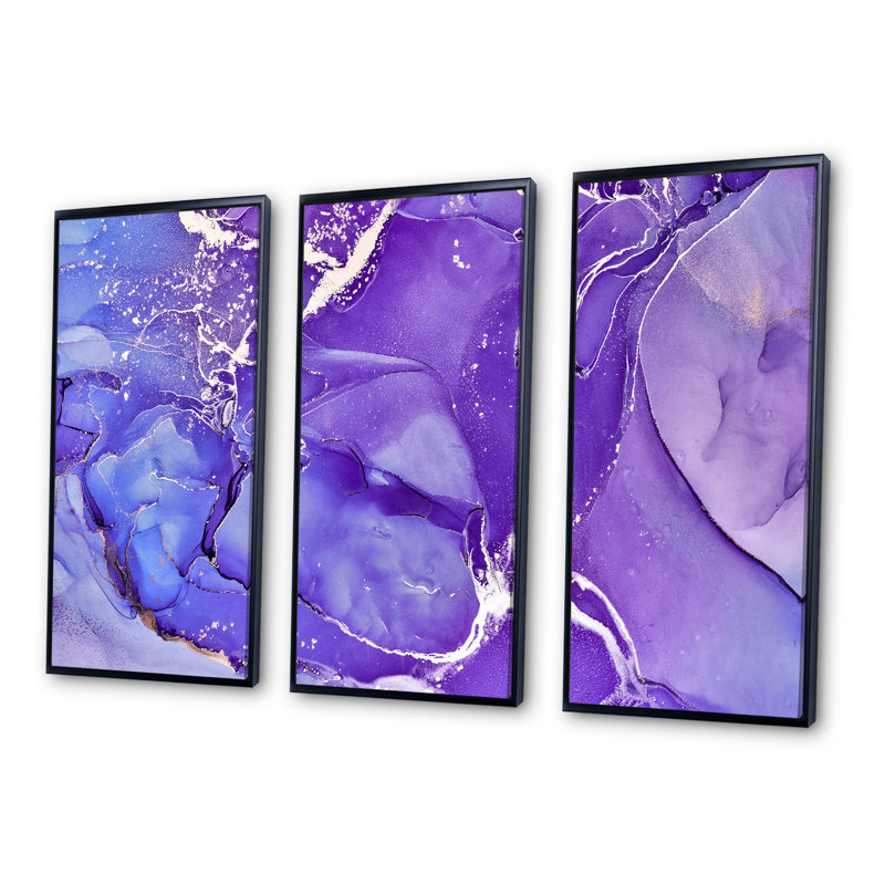 «Mauve et bleu liquide fuchsia», reproduction d'art sur toile 3 pièces, H 28 po x l 36 po x P 1 po, Cadre noir