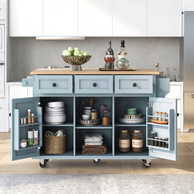 Chariot de cuisine avec comptoir à abattants en bois d'hévéa, supports de rangement internes pour porte d'armoire, îlot de cuisine sur 5 roulettes avec armoire de rangement et 3 tiroirs pour la salle à manger