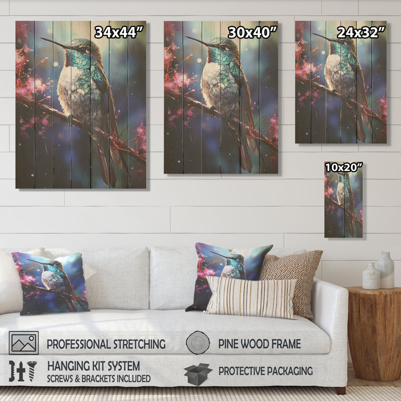 Fée colibri néotropicale bleue I - impression de colibri sur bois, H 32 po x l 24 po