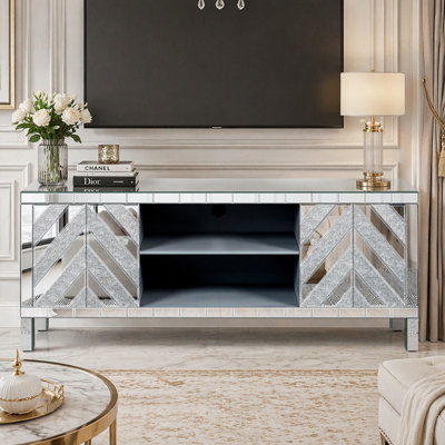 Console média miroir avec portes en verre diamant, conception à deux portes avec espace de rangement ouvert, compatible avec les téléviseurs de 50 pouces, décor moderne