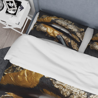 Woman Lips With Black Leather and Gold Foil - Modern Duvet Cover Set - Microfiber Polyester