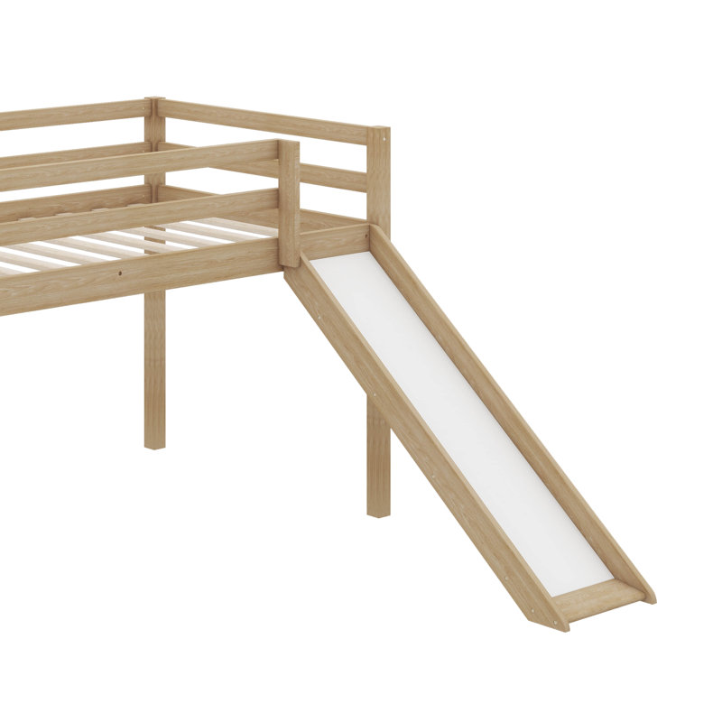 Twin Elevated Bed With Ladder And Slide Loft Design Including Safety Guardrails, White Oak