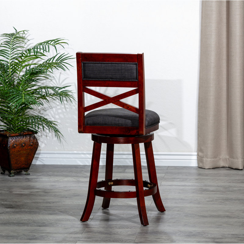 Tabouret pivotant de 24 po à hauteur de comptoir avec cadre fiable, cerisier, pivotant à 360 degrés en tissu gris anthracite
