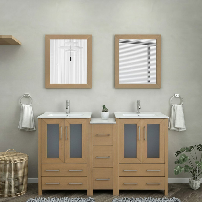 60" Double Bathroom Vanity with Top with Mirror, Natural Oak / Brushed Nickel