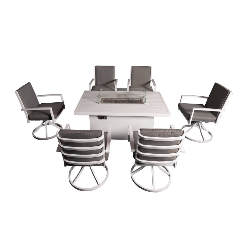 Ensemble repas 5 pièces pour patio avec foyer et 4 chaises pivotantes, 6, Blanc
