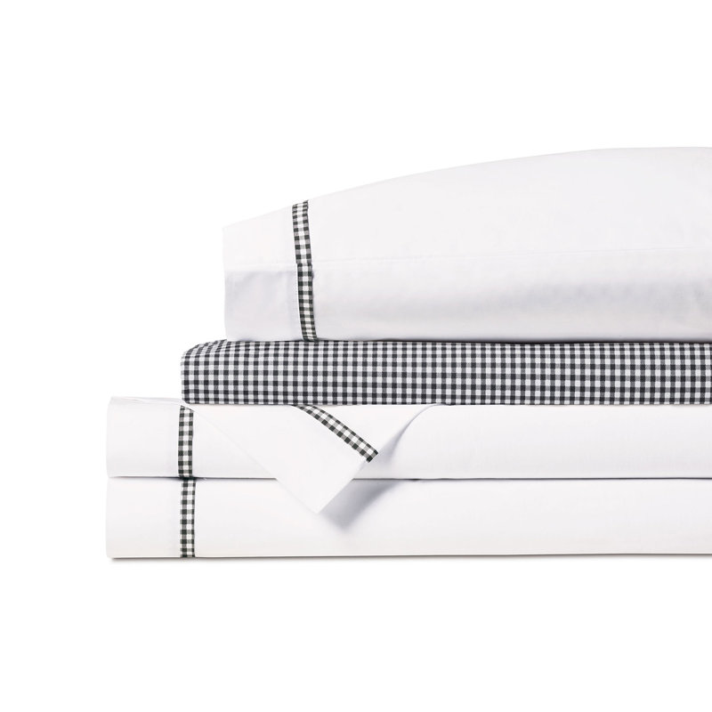 Malaya Egyptian Cotton Percale Gingham Sheet Set, Full, Black