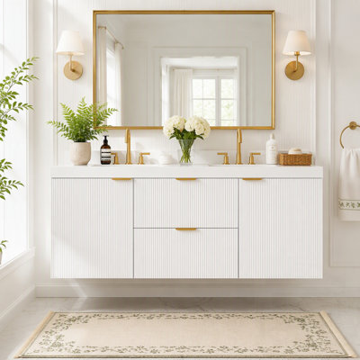 Meuble-lavabo double mural avec rangement à fermeture amortie et comptoir intégré résistant, idéal pour les espaces modernes.