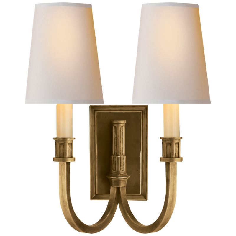 Thomas O'Brien Modern Library Double Sconce, Hand-Rubbed Antique Brass, Fabric