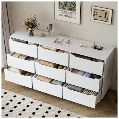 9 Drawer Dresser with Deep Drawers - Modern White Chest of Drawers for Bedroom, Large Floor Wood Storage Dresser for Closet Living Room