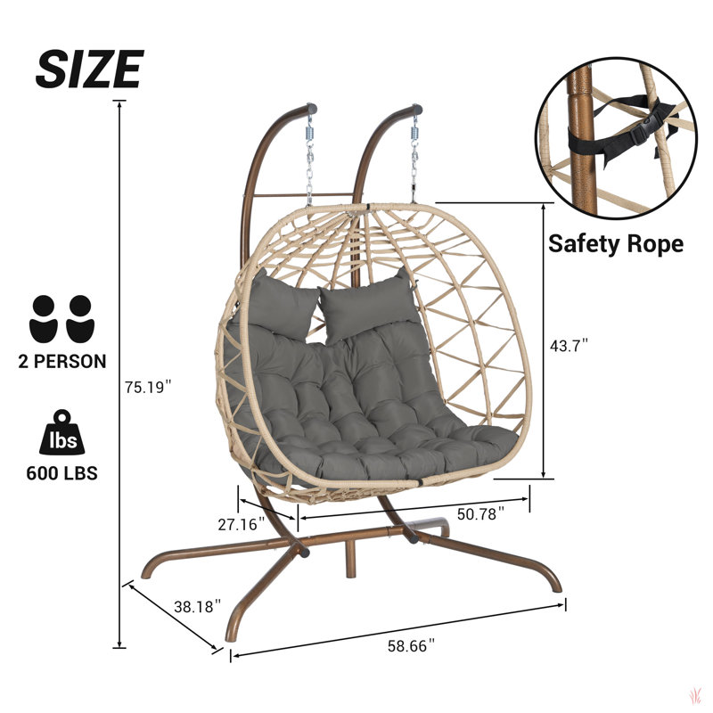 Chaise suspendue en rotin pour 2 personnes, Gris foncé, 75.19", Naturel