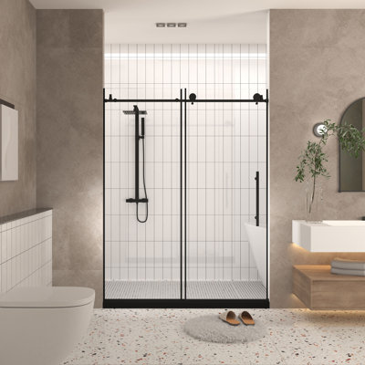 Frameless Shower Door, Clear Tempered Glass, Matte Black, 56-60 Inch W X 76 Inch H