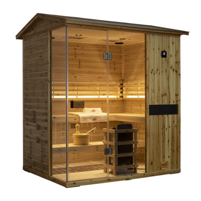 Samsora Outdoor Traditional Steam Sauna For 4-Person 3800W, Mid-Infrared Lamp, 95℉-230℉, Old Fir Wood, Built-In Bluetooth Speaker, Includes Sauna Heater and Sauna Stone, Negative Ion Board