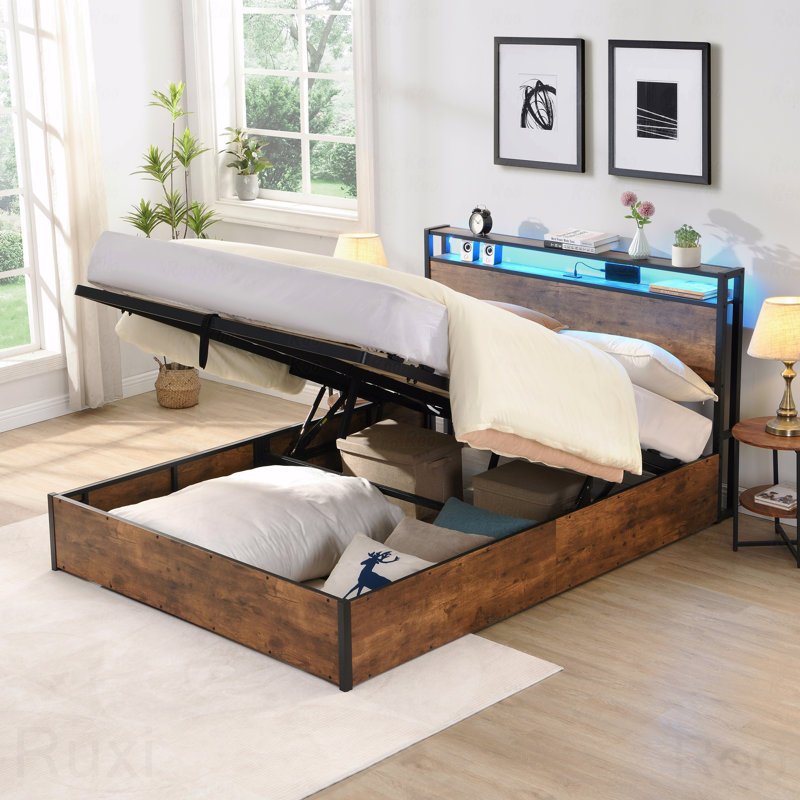 Wooden Platform Bed Frame, Lift Storage, Bookcase, LED, Charging