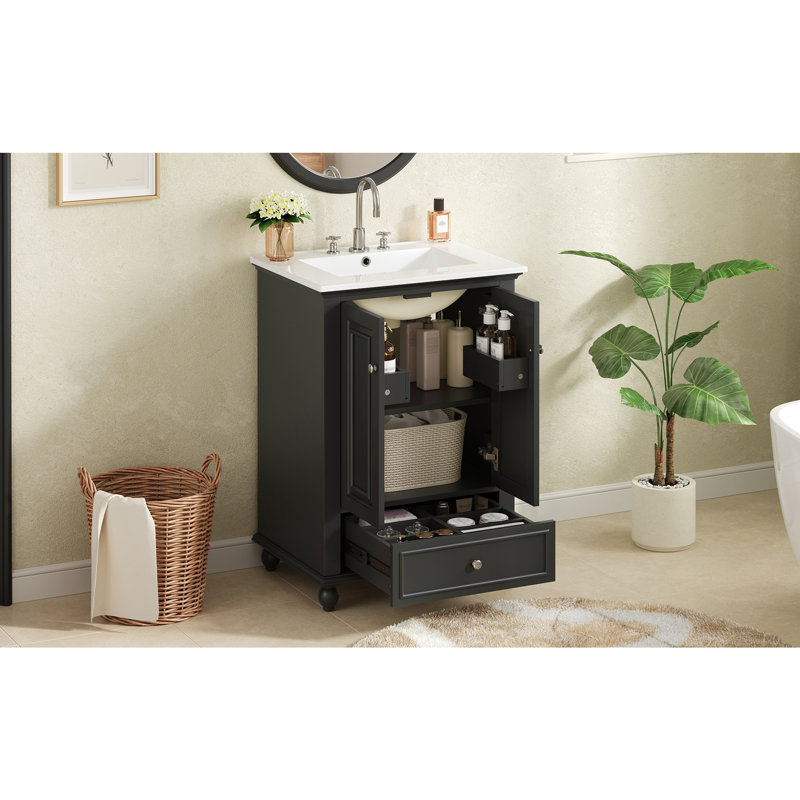 Meuble-lavabo 24 po avec lavabo en céramique, armoire de rangement avec portes à fermeture douce, armoire de salle de bain avec tiroir et séparateurs de tiroir