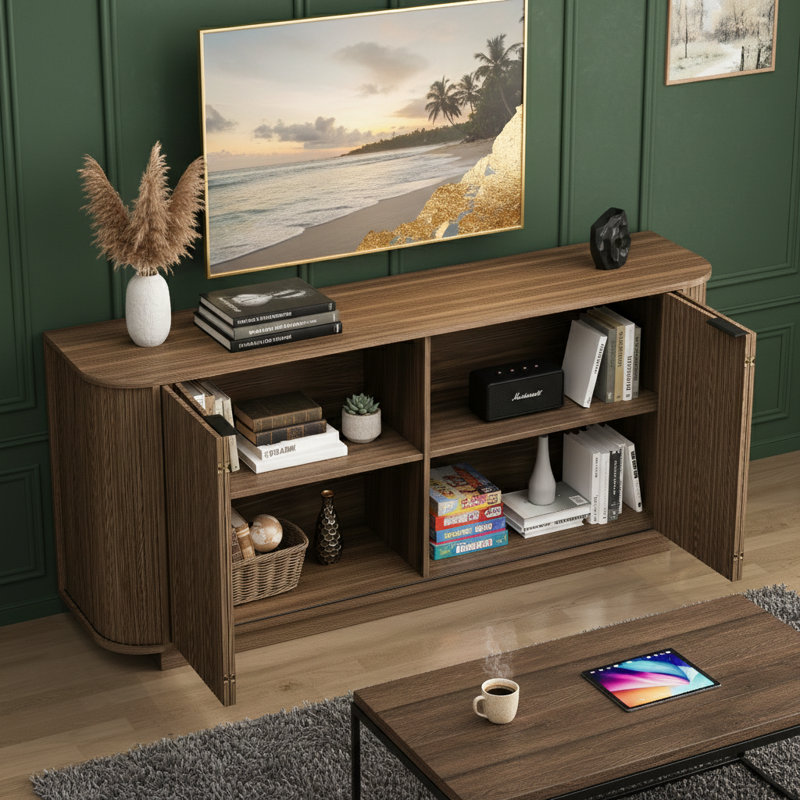63"Wavy Double-Door Sideboard with Adjustable Shelves, Suitable for Kitchen, Living Room, Hallway, Brown