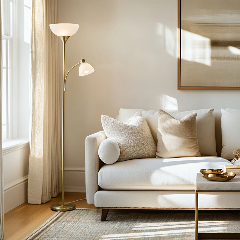 Dome Plus 72 in. Industrial 2-Light 3-Way Dimming LED Floor Lamp with 2 Plastic Bowl Shades, Brass