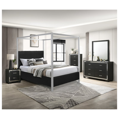 Grand lit à baldaquin moderne avec tête de lit, capitonnage vertical doux et mobilier de chambre élégant