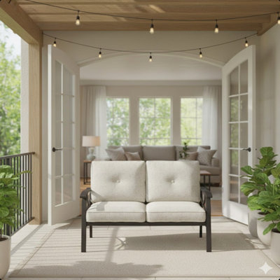 48-Inch All-Weather Metal Loveseat with Plush Beige Cushions and Durable Khaki Frame for Outdoor Comfort