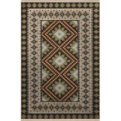 Green Themed Traditional Motif Patterned Fringed Vintage Decorative Rug