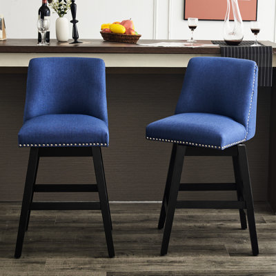 Of 2 26" Swivel Bar Stools, Linen Fabric High Back With Nail Head Detail, Dark Blue, Brown Wood Frame For Dining Room Counter Stools - Seat, Head, Construction Pub