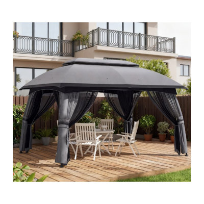 Large Outdoor Gazebo Canopy with Netting and Vented Roof, Dark Grey Steel Frame Shelter
