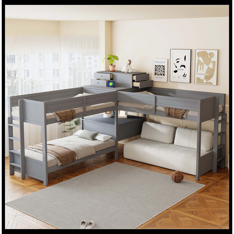 Twin Size L-Shaped Bunk Bed With Built-In Desk, 4 Drawers, USB Ports & Power Outlet, Gray, Gray