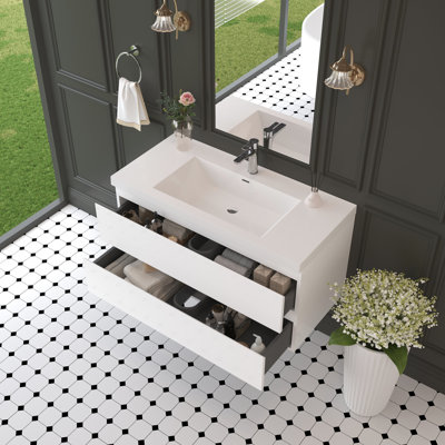 Meuble-lavabo flottant de 42 po avec lavabo, comptoir à surface solide blanc brillant, tiroirs à fermeture en douceur, design moderne, espace, lavabo en résine, installation simple, structure en bois fonctionnelle et élégante,