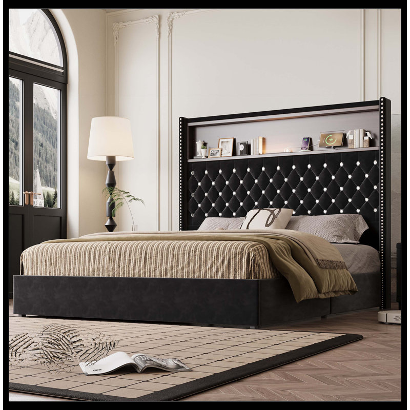 Cadre de lit doux en velours pour grand lit avec port USB et veilleuse, tête de lit de 52 po de hauteur avec décoration rivetée, lit plateforme à oreilles avec tablette de tête de lit, noir