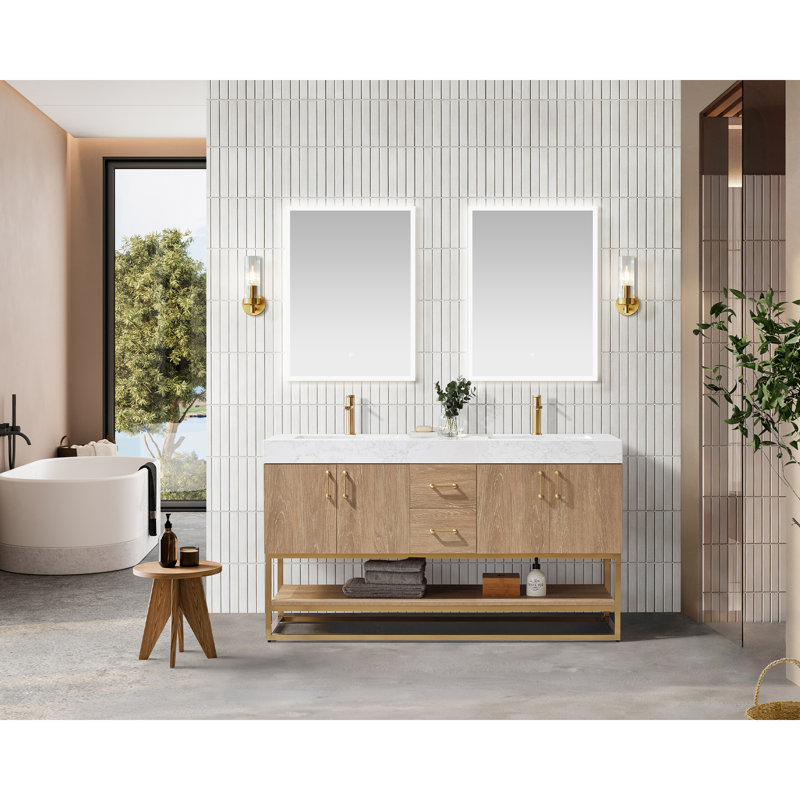 Ensemble de meuble-lavabo double 60 po Alistair, Or, Chêne naturel, Blanc