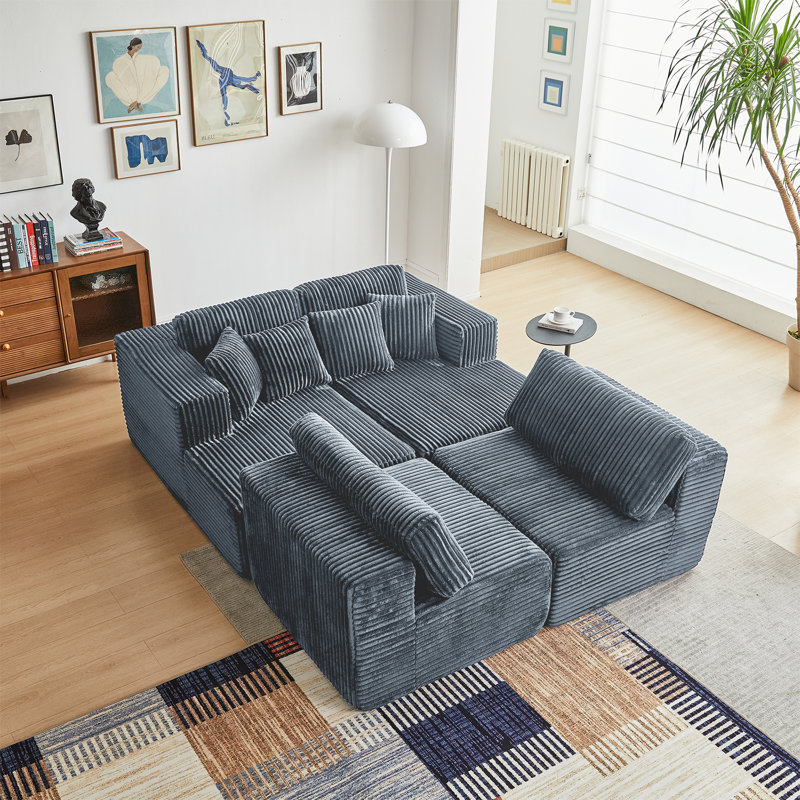 Flannelette 4-seater American Style U-shaped Compressed Sofa, Grey